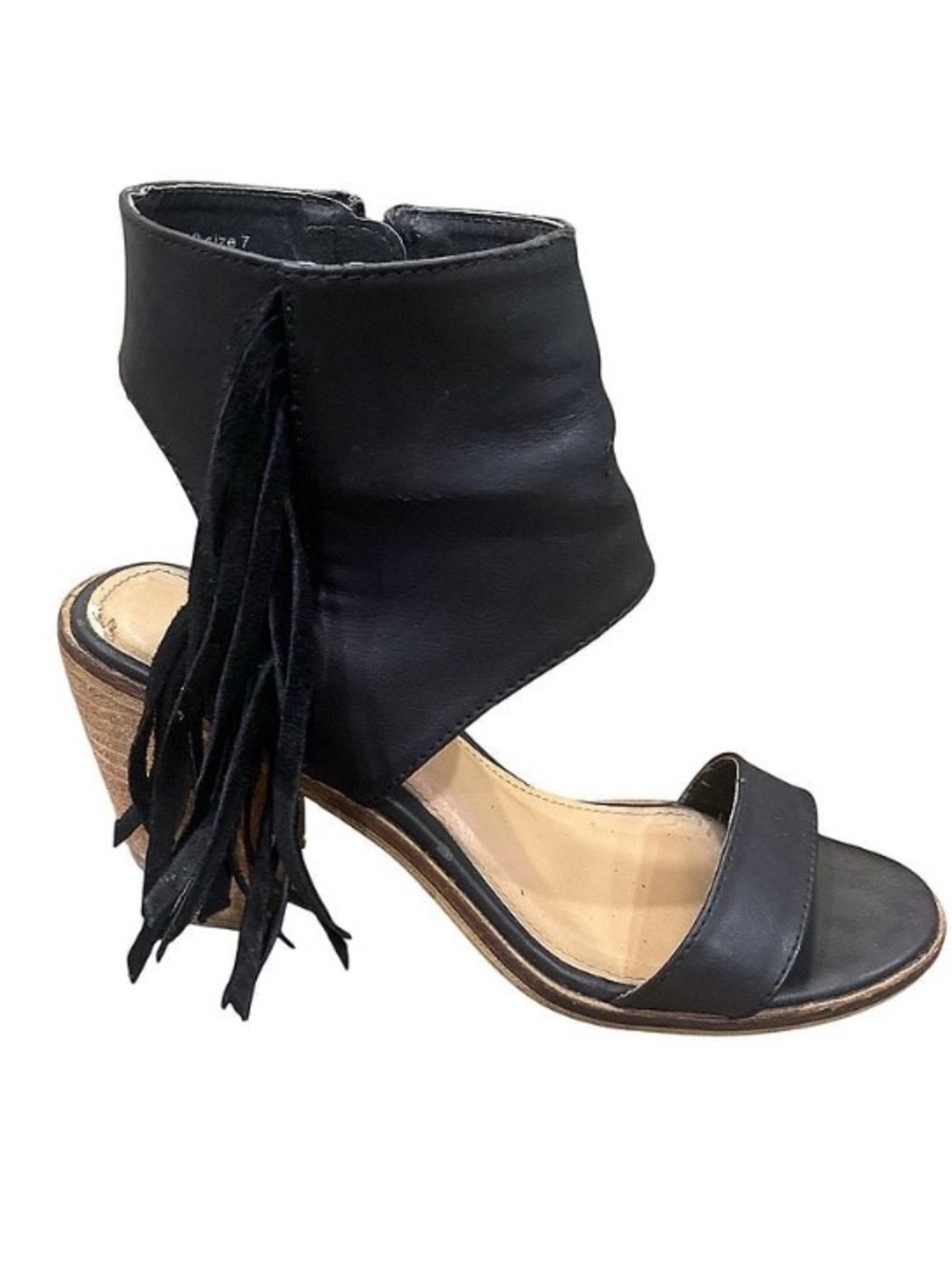 Very Volatile Black Fringe Open-Toe Women's Block Heel